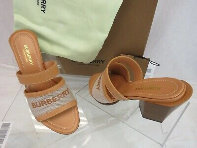 Pre-owned Burberry Honour Brown Sand Tan Leather Logo Slide Sandals Mule Pumps 37 $690