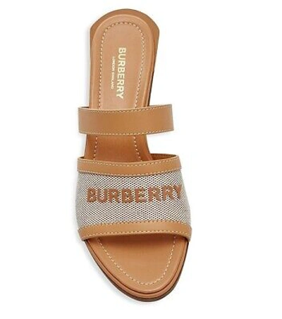 Pre-owned Burberry Honour Brown Sand Tan Leather Logo Slide Sandals Mule Pumps 37 $690