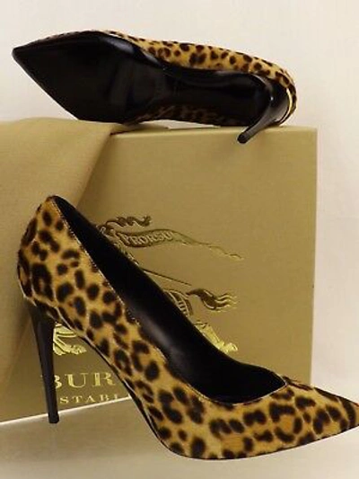 Pre-owned Burberry Barbara Camel Pony Hair Leopard Print Logo Classic Pumps 36 In Multicolor/camel