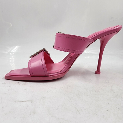 Pre-owned Alexander Mcqueen Buckled High Heel Slide Sandals Women's 8.5 Sugar Pink/silver