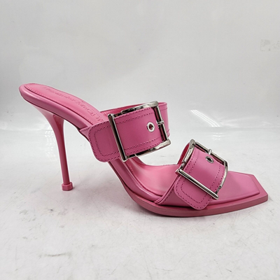 Pre-owned Alexander Mcqueen Buckled High Heel Slide Sandals Women's 8.5 Sugar Pink/silver