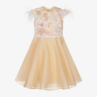 Shop Eirene Girls Beige Flower & Feather Dress
