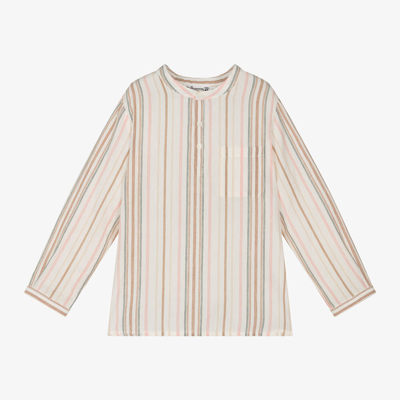 Shop Bonpoint Boys Ivory Cotton Stripe Collarless Shirt