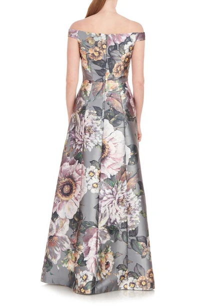 Kay Unger Garland Floral Print Off The Shoulder Gown In Sage Gray