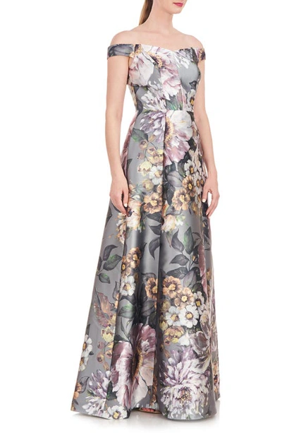 Kay Unger Garland Floral Print Off The Shoulder Gown In Sage Gray