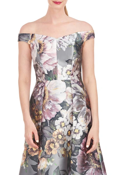 Kay Unger Garland Floral Print Off The Shoulder Gown In Sage Gray