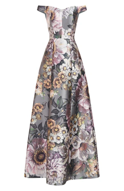 Shop Kay Unger Garland Floral Print Off The Shoulder Gown In Sage Gray