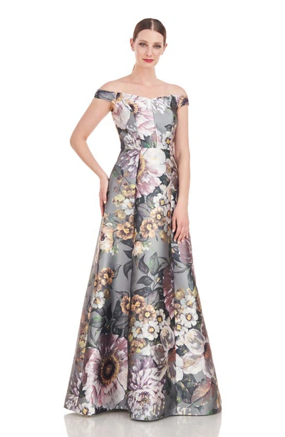 Kay Unger Garland Floral Print Off The Shoulder Gown In Sage Gray