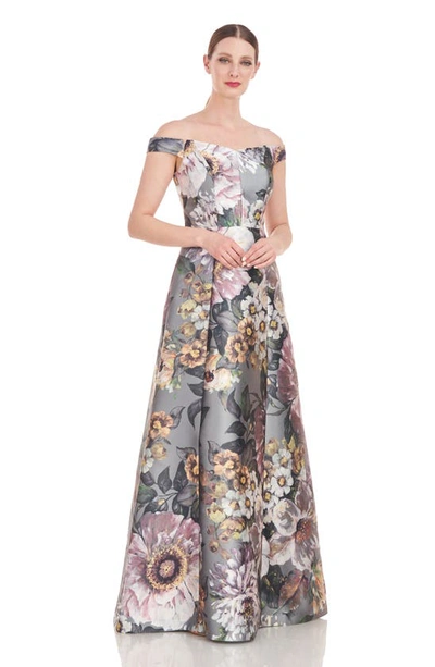 Shop Kay Unger Garland Floral Print Off The Shoulder Gown In Sage Gray