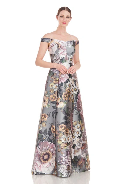 Kay Unger Garland Floral Print Off The Shoulder Gown In Sage Gray