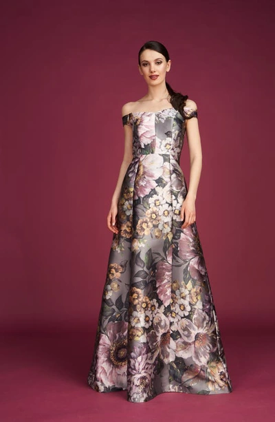 Kay Unger Garland Floral Print Off The Shoulder Gown In Sage Gray