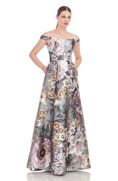 Shop Kay Unger Garland Floral Print Off The Shoulder Gown In Sage Gray