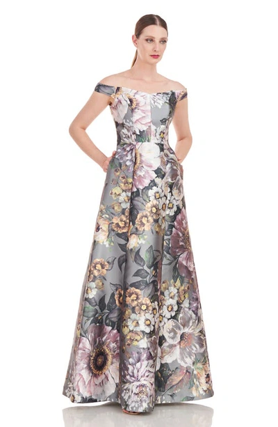 Kay Unger Garland Floral Print Off The Shoulder Gown In Sage Gray