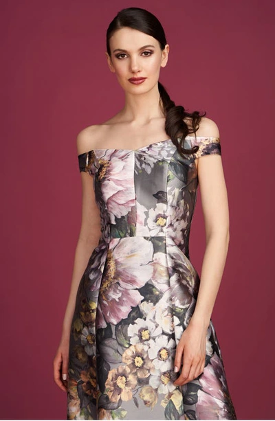 Kay Unger Garland Floral Print Off The Shoulder Gown In Sage Gray