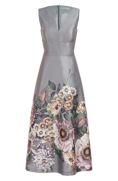Shop Kay Unger Marlene Floral Print A-line Dress In Sage Gray