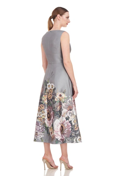 Shop Kay Unger Marlene Floral Print A-line Dress In Sage Gray