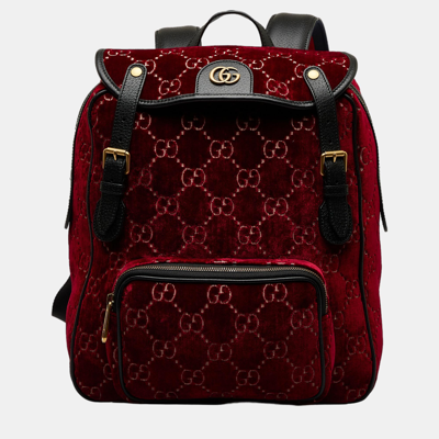 Pre-owned Gucci Red Gg Velvet Double Buckle Backpack