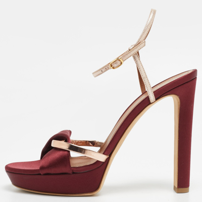 Pre-owned Malone Souliers Burgundy/gold Satin Miranda Ankle Strap Sandals Size 41