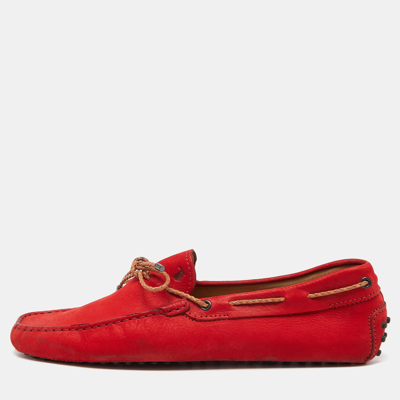 Pre-owned Tod's Red Nubuck Leather Bow Slip On Loafers Size 43