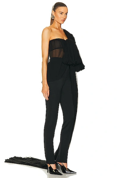 Saint Laurent Draped Bow-front One-shoulder Silk Top In Noir