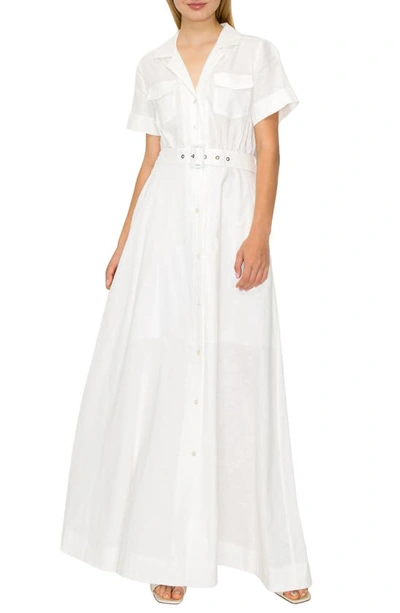 Shop Melloday Belted Linen Blend Maxi Shirtdress In White