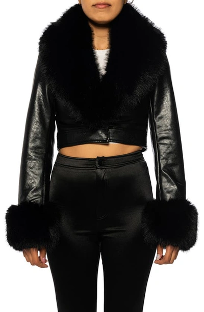 Shop Azalea Wang Gisele Faux Fur Trim Faux Leather Crop Jacket In Black