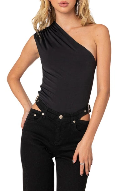 Shop Edikted Tabby Gathered One-shoulder Bodysuit In Black