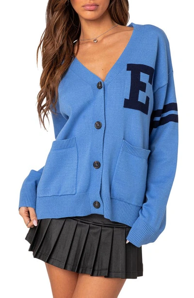 Shop Edikted Emmett Oversized Varsity Cardigan In Blue