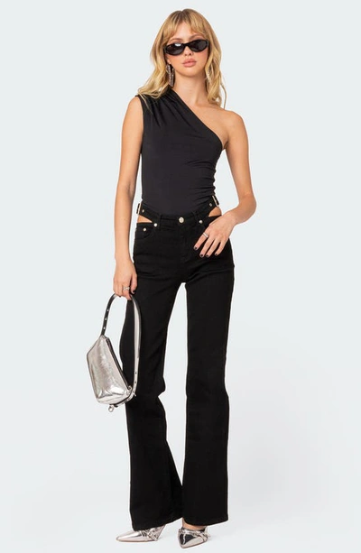 Shop Edikted Tabby Gathered One-shoulder Bodysuit In Black