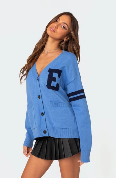 Shop Edikted Emmett Oversized Varsity Cardigan In Blue