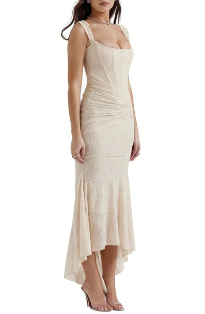 House Of Cb Cesca Floral Ruched High-low Corset Dress In Vintage Cream