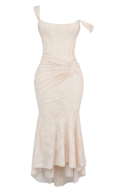 Shop House Of Cb Cesca Floral Ruched High-low Corset Dress In Vintage Cream