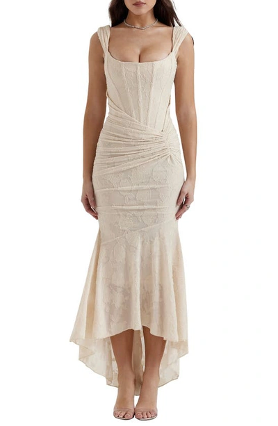 House Of Cb Cesca Floral Ruched High-low Corset Dress In Vintage Cream