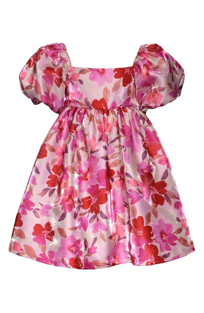 Shop Iris & Ivy Kids' Floral Puff Sleeve Jacquard Satin Party Dress In Fuchsia
