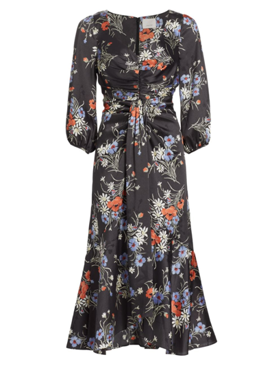 Shop Cinq À Sept Women's Walker Satin Floral Midi-dress In Obsidian Multi