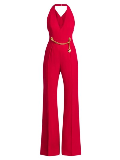 Shop Moschino Women's Chains & Hearts V-neck Halter Jumpsuit In Red