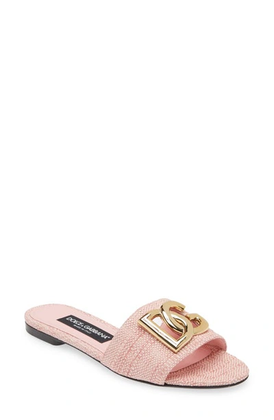 Shop Dolce & Gabbana Dg Logo Raffia Slide Sandal In Light Pink