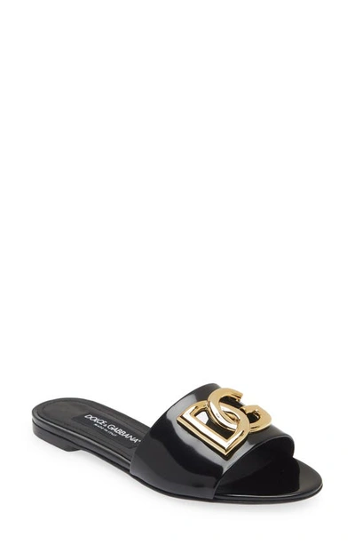 Dolce & Gabbana Logo-plaque Leather Slides In Black