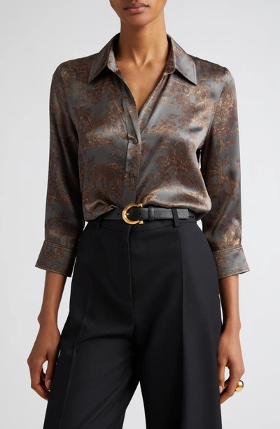 Shop L Agence Dani Silk Button-up Blouse In Charcoal Multi Safari Scenic