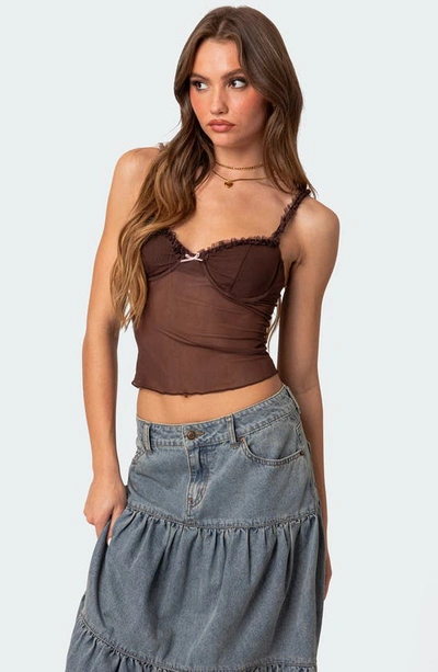 Shop Edikted Mercy Sheer Mesh Bra Top In Brown