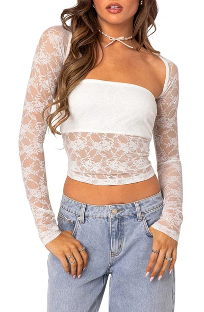 Shop Edikted Addison Sheer Long Sleeve Lace Top In White
