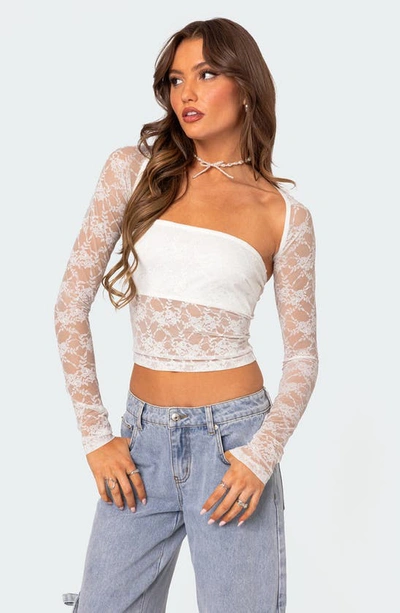 Shop Edikted Addison Sheer Long Sleeve Lace Top In White