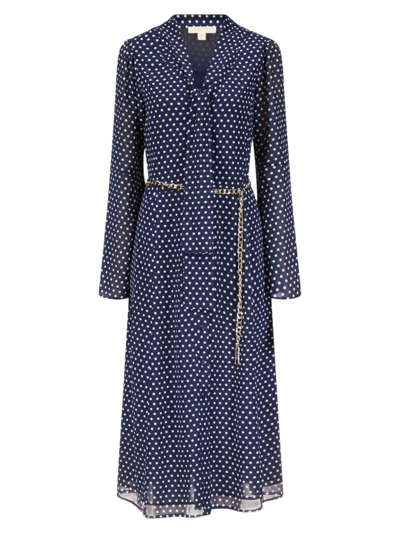 Shop Michael Michael Kors Women's Dotted Tie-neck Midi-dress In Midnight Blue