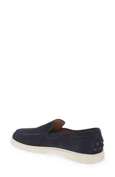 Tod's Blue Suede Moccasin With White Rubber Sole In Blue