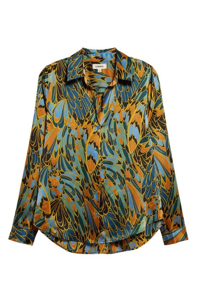 Shop L Agence Tyler Parrot Feather Print Silk Button-up Shirt In Blue Multi Parrot Feather