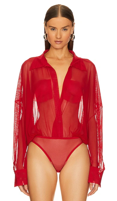 Shop Norma Kamali Super Oversized Shirt Bodysuit In Tiger Red