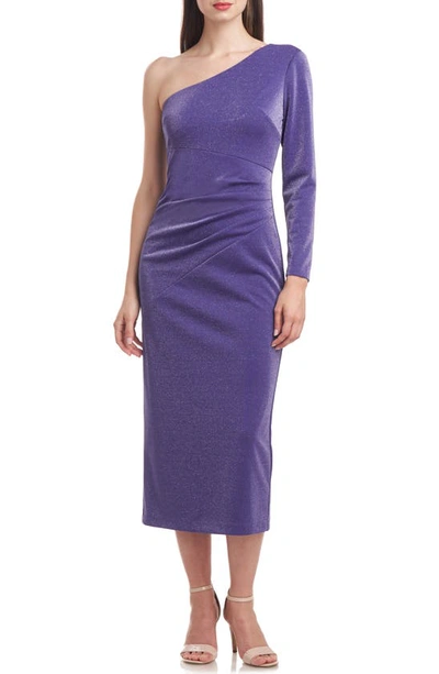 Shop Js Collections Maddie Metallic One-shoulder Single Long Sleeve Cocktail Midi Dress In Blueberry