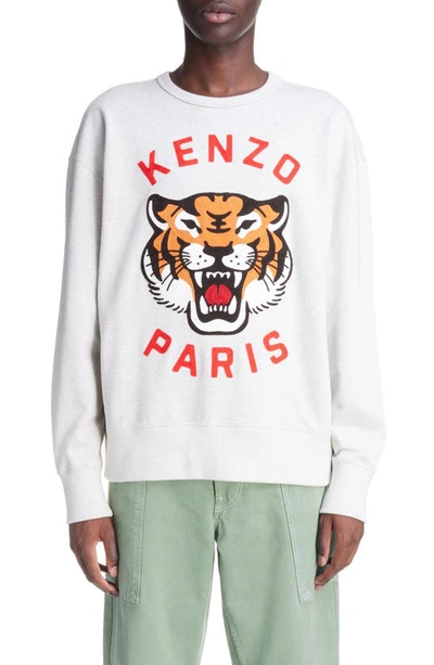 Shop Kenzo Lucky Tiger Embroidered Oversize Cotton Sweatshirt In Pale Grey