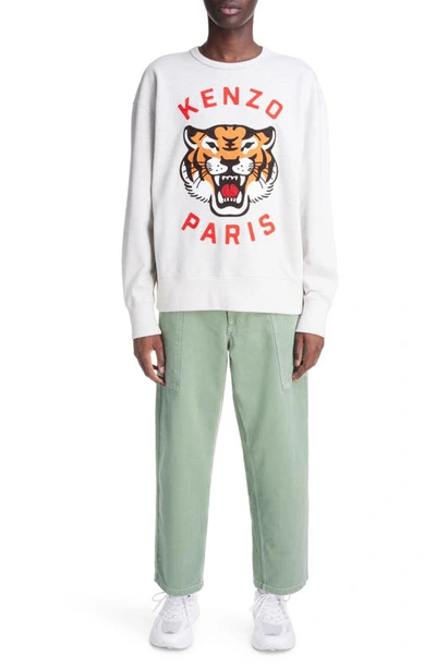 Shop Kenzo Lucky Tiger Embroidered Oversize Cotton Sweatshirt In Pale Grey