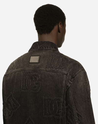 Shop Dolce & Gabbana Denim Jacket With Laser-etched Dg Logo In Grey